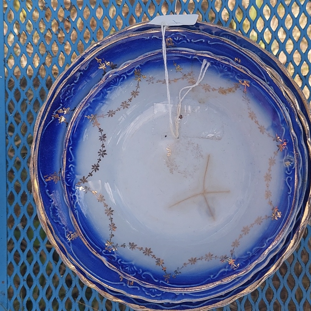 Antique Flow Blue & Gold Trim China, Porcelain (4pcs)